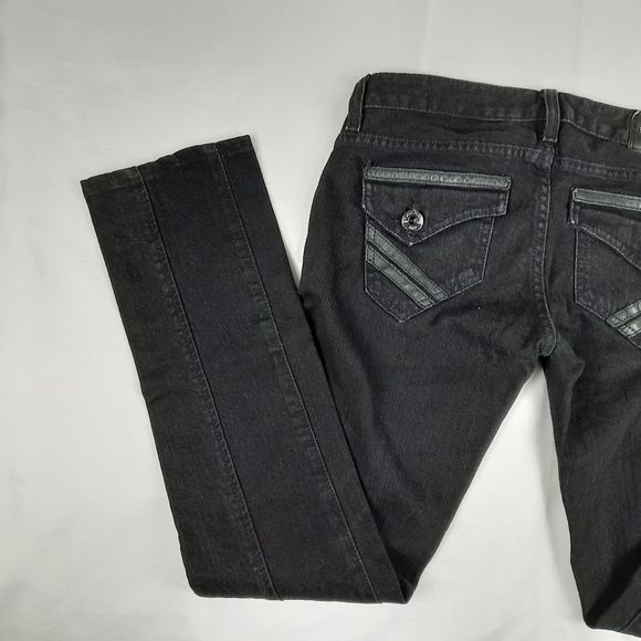 GUESS Jeans Starlet black W27 red label skinny asymmetrical pockets leather trim - Picture 8 of 14